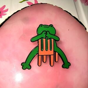 Green Frog Enamel Pin Funny Black Chair